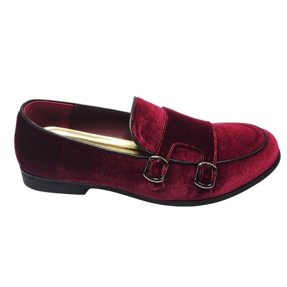 Cosidram Mens Red Velvet Double Monk Strap Loafers dress Shoes Size 8 - Picture 12 of 12